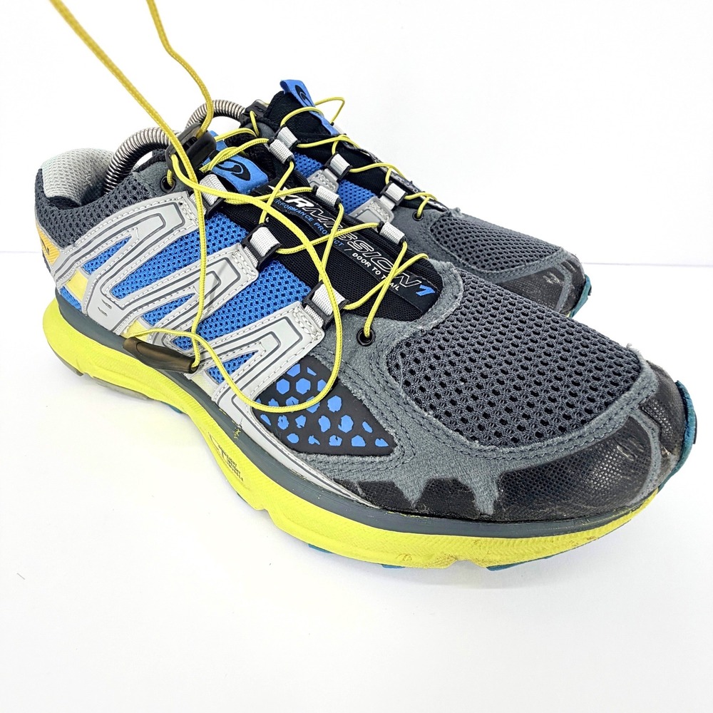 Salomon XR Mission Men US 9.5 Gray Blue Yellow Quicklace Trail Running Shoes